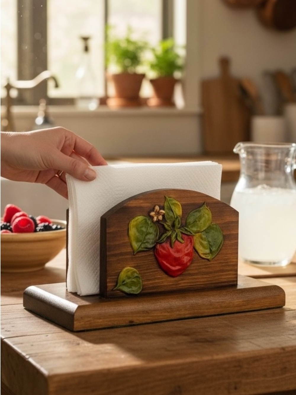Vintage Wood Strawberry Napkin Letter Mail Holder Farmhouse Cottagecore